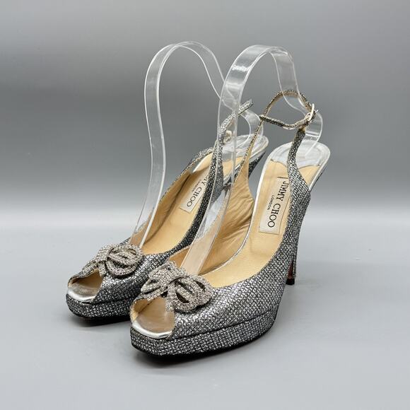 Jimmy Choo Shoes Womens 9.5 Silver Peep Toe Slingback Glitter Crystal Bow Heels - Picture 4 of 13